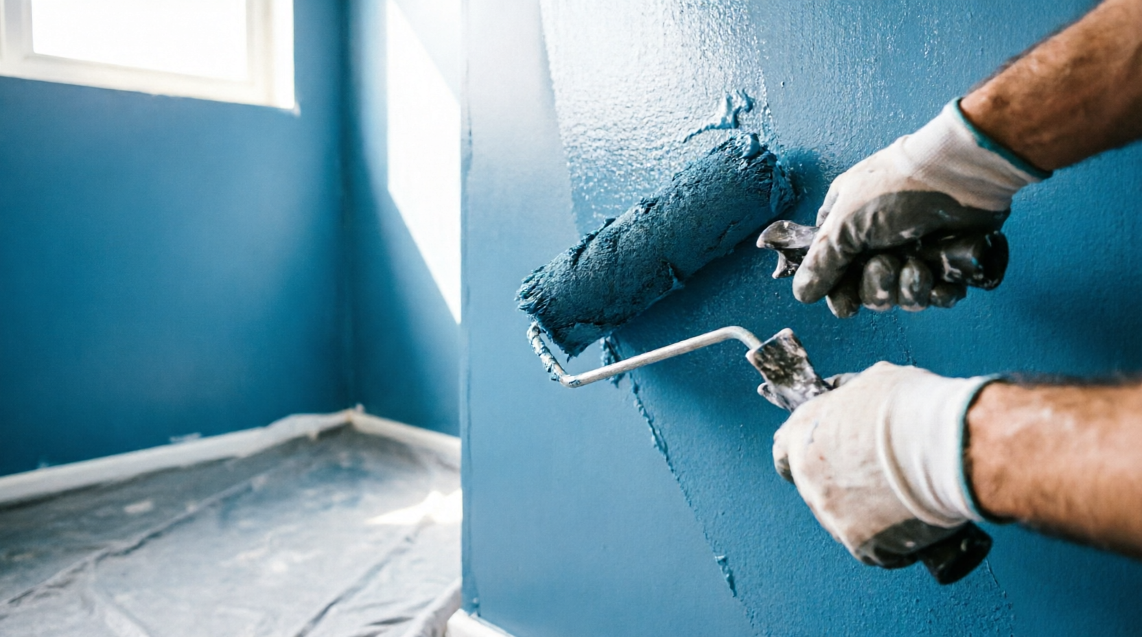 Painter rolling blue paint on an interior wall
