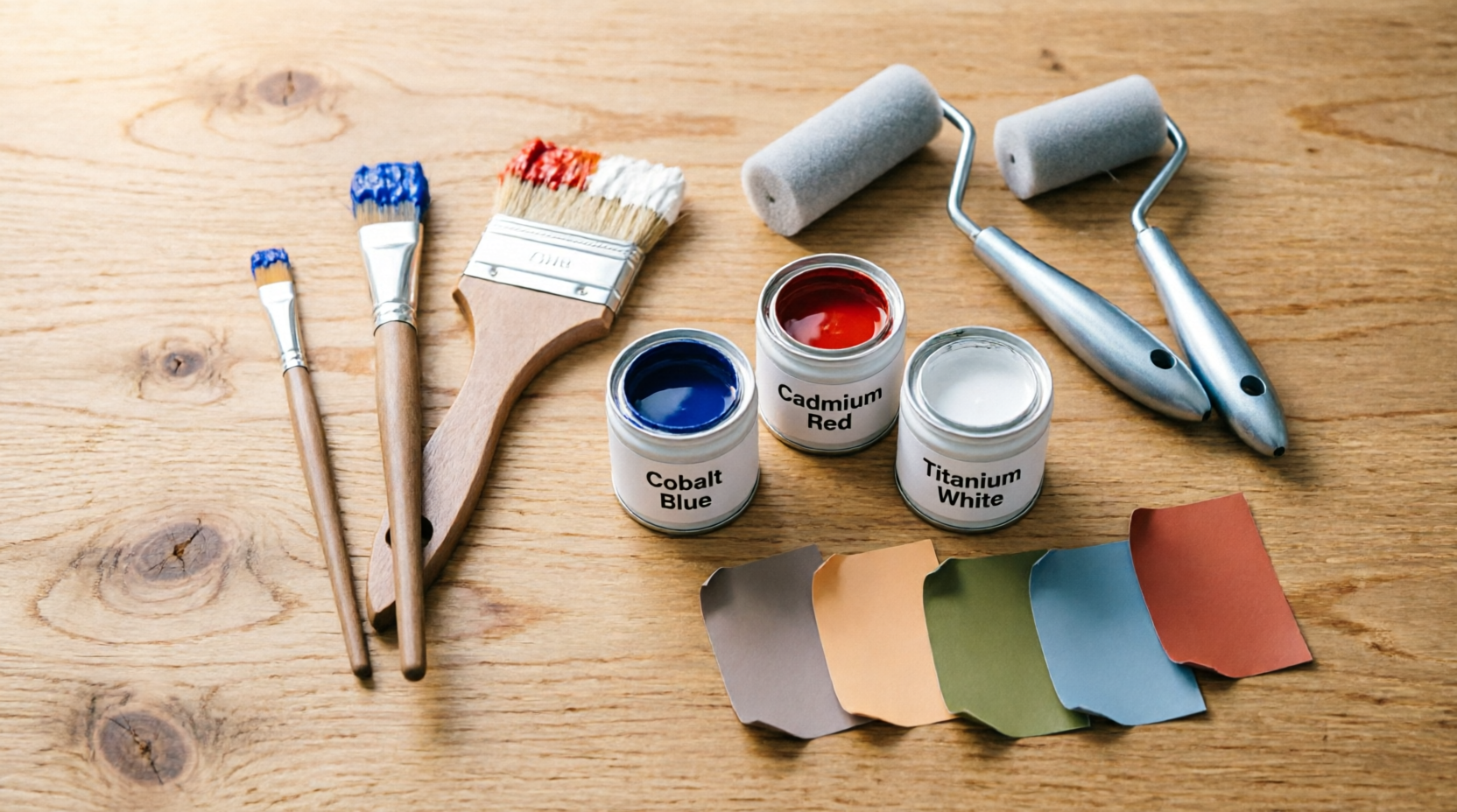 Paint brushes, rollers, color swatches, and paint cans